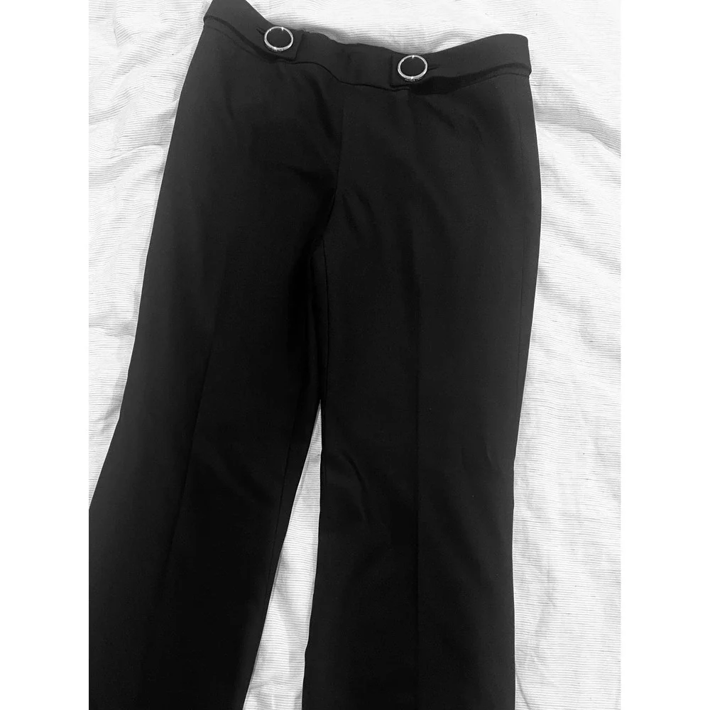 Tory Burch Black Wool Blend Cuffed Trousers Silver Logo Ring Detail Size 6